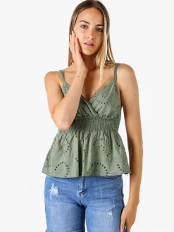 Solada Top donna in cotone con dettagli macramè con spalline sottili - militare