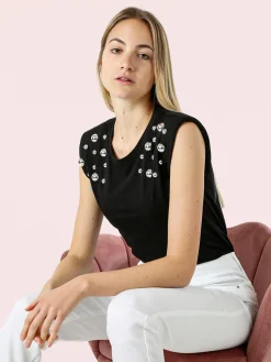 Solada Top donna in cotone con borchie - nero