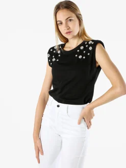 Solada Top donna in cotone con borchie - nero