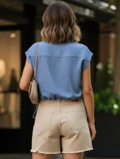 Solada Top donna in misto lino con coulisse laterali - blu
