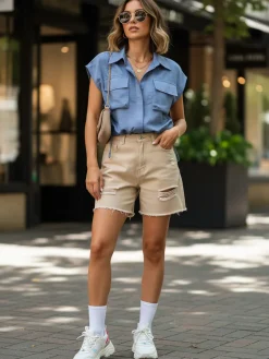 Solada Top donna in misto lino con coulisse laterali - blu