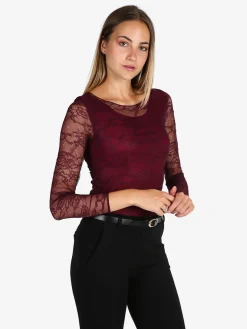 Solada Top donna in pizzo a maniche lunghe - bordeaux