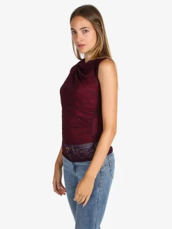 Solada Top donna in pizzo con scollo a cascata - bordeaux
