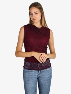 Solada Top donna in pizzo con scollo a cascata - bordeaux