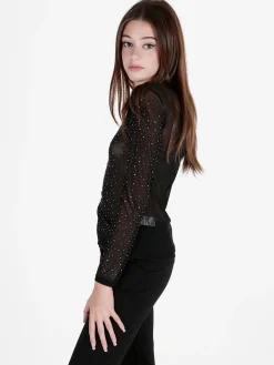 Solada Top donna in tulle a maniche lunghe con strass