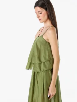 Solada Top donna leggero con spalline strette e balza - oliva