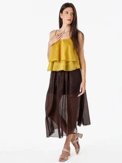 Solada Top donna leggero con spalline strette e balza - senape