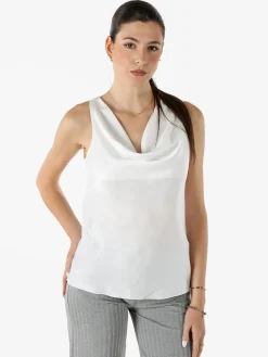 Solada Top donna smanicato con scollo a cascata in tessuto effetto raso - bianco