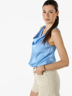 Solada Top donna smanicato con scollo a cascata in tessuto effetto raso - azzurro