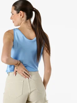 Solada Top donna smanicato con scollo a cascata in tessuto effetto raso - azzurro
