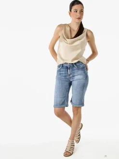 Solada Top donna smanicato con scollo a cascata in tessuto effetto raso - beige