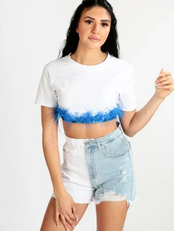 Solada T-shirt cropped donna con piume