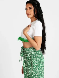 Solada T-shirt cropped donna con piume