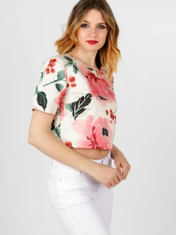Solada T-shirt cropped fiorata con cerniera dietro