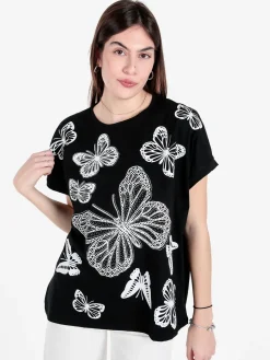 Solada T-shirt donna con stampa farfalle e dettagli strass