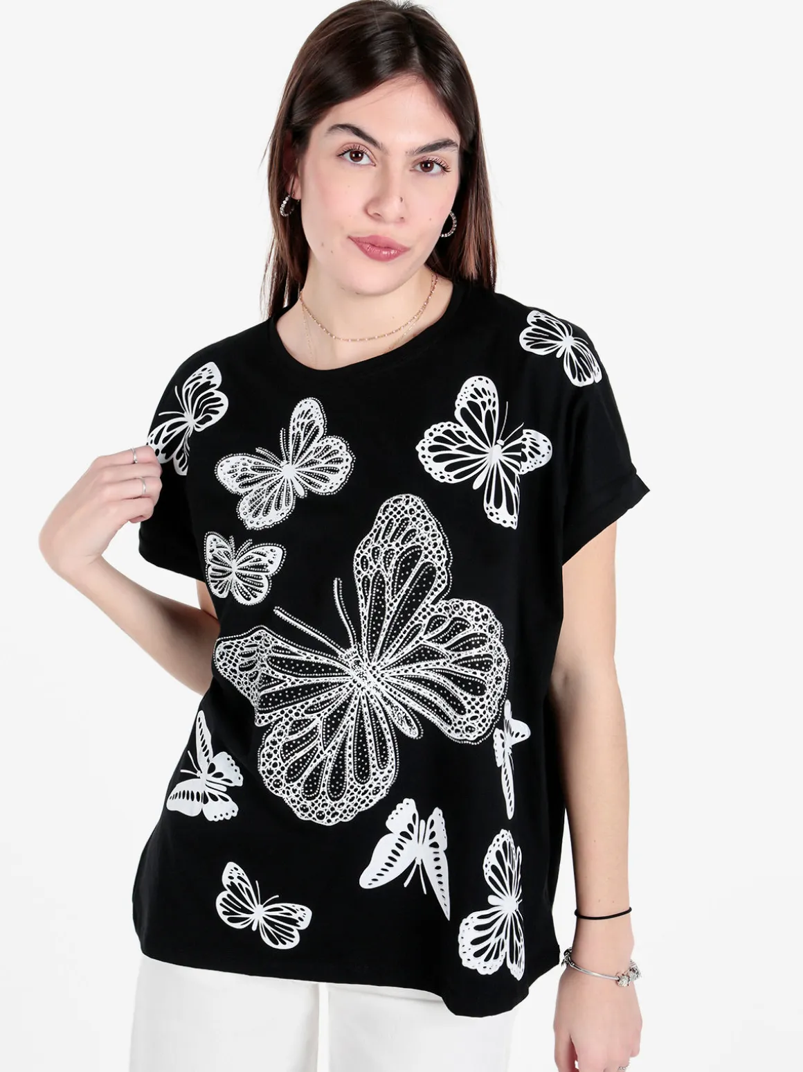 Solada T-shirt donna con stampa farfalle e dettagli strass