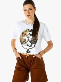 Solada T-shirt donna gioiello con strass e stampa disegno animali - bianco