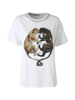 Solada T-shirt donna gioiello con strass e stampa disegno animali - bianco