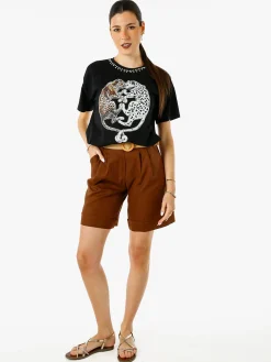 Solada T-shirt donna gioiello con strass e stampa disegno animali - nero