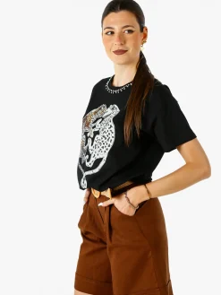 Solada T-shirt donna gioiello con strass e stampa disegno animali - nero