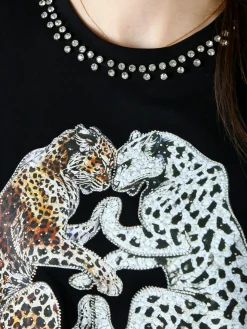 Solada T-shirt donna gioiello con strass e stampa disegno animali - nero