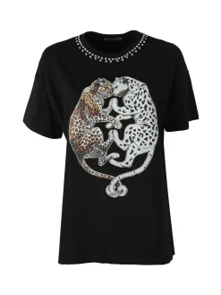 Solada T-shirt donna gioiello con strass e stampa disegno animali - nero