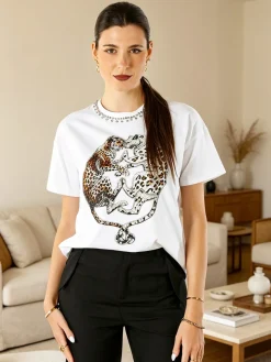 Solada T-shirt donna gioiello con strass e stampa disegno animali - argento
