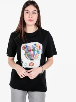 Solada T-shirt donna girocollo con stampa mongolfiera e strass