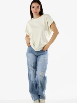 Solada T-shirt donna in cotone con giromaniche risvoltate - panna