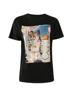 Solada T-shirt donna in cotone con stampa disegno e strass - nero