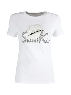 Solada T-shirt donna in cotone con paillettes e perle