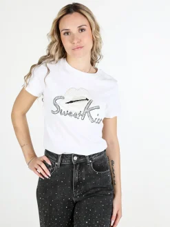 Solada T-shirt donna in cotone con paillettes e perle
