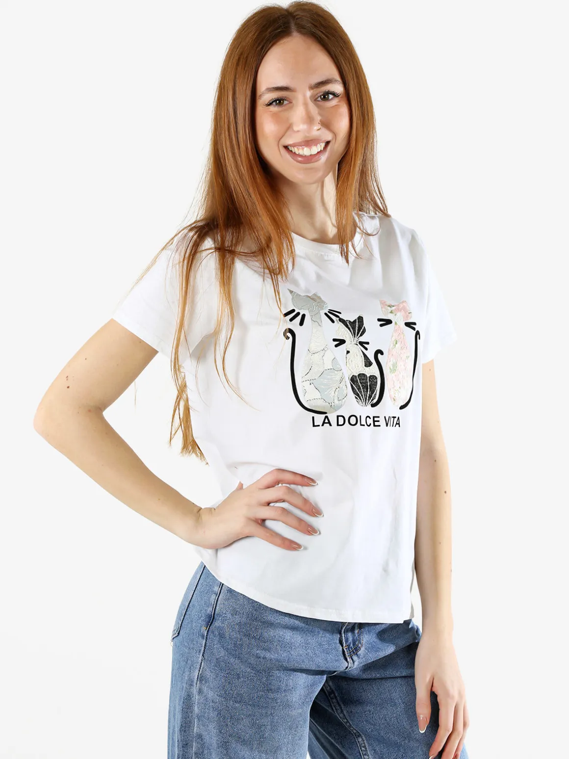 Solada T-shirt donna in cotone con stampa gatti - bianco