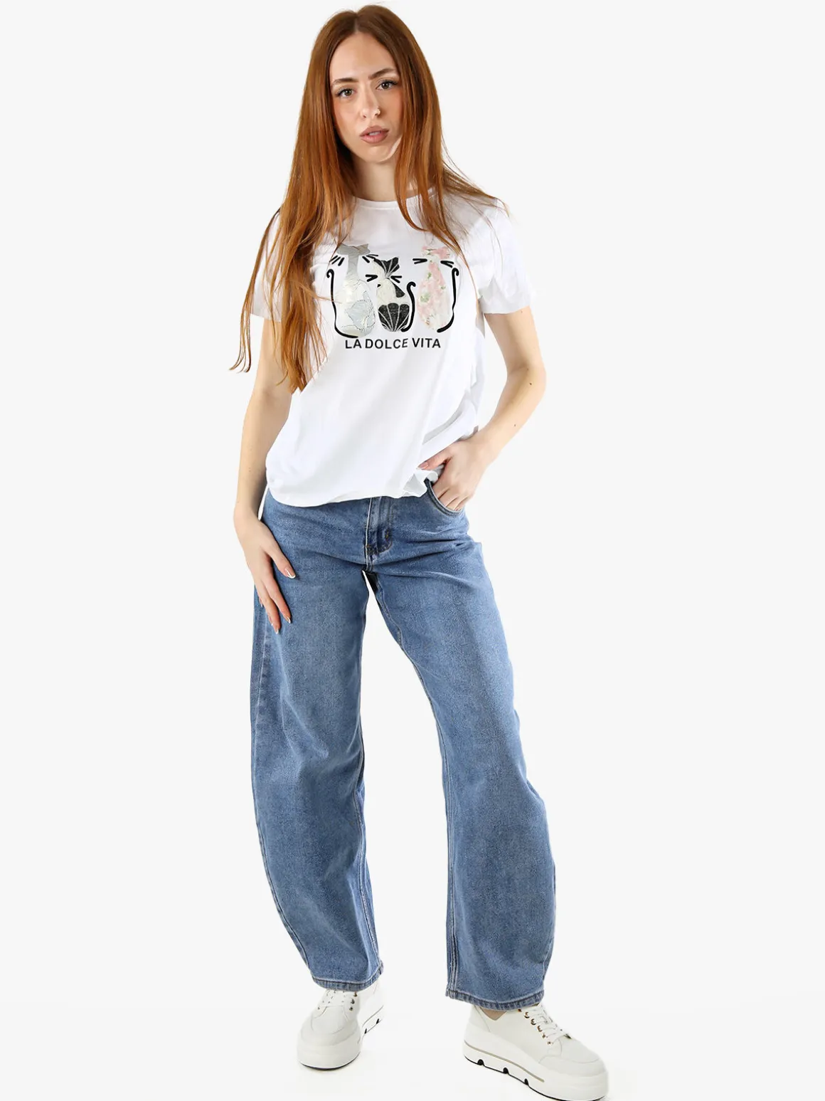 Solada T-shirt donna in cotone con stampa gatti - bianco