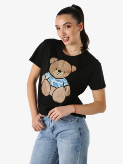 Solada T-shirt donna orsacchiotto con strass - nero