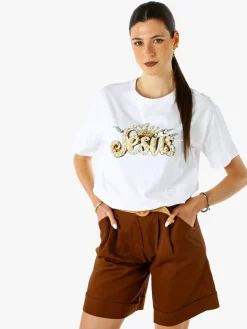 Solada T-shirt donna oversize in cotone con dettagli di perle e strass - bianco