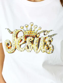 Solada T-shirt donna oversize in cotone con dettagli di perle e strass - bianco