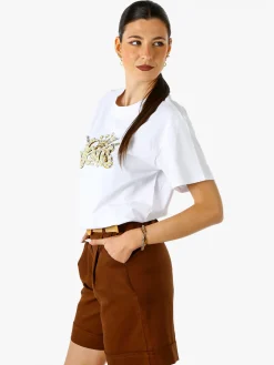 Solada T-shirt donna oversize in cotone con dettagli di perle e strass - bianco