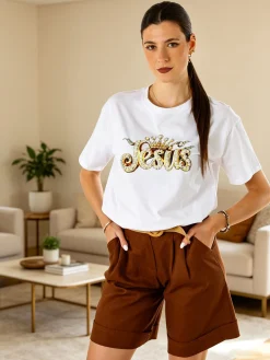 Solada T-shirt donna oversize in cotone con dettagli di perle e strass - bianco