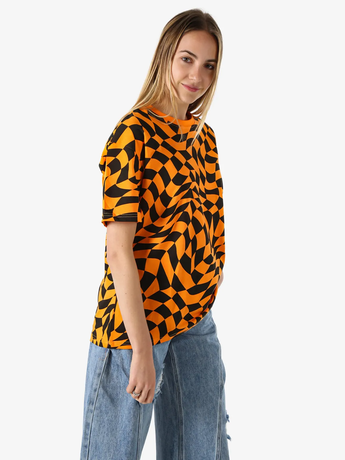 Solada T-shirt donna oversize con stampe geometriche bicolore e taschino sulla manica - arancione