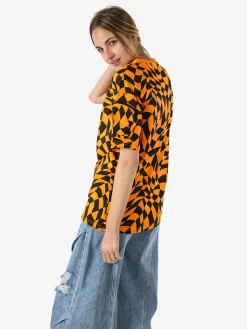 Solada T-shirt donna oversize con stampe geometriche bicolore e taschino sulla manica - arancione