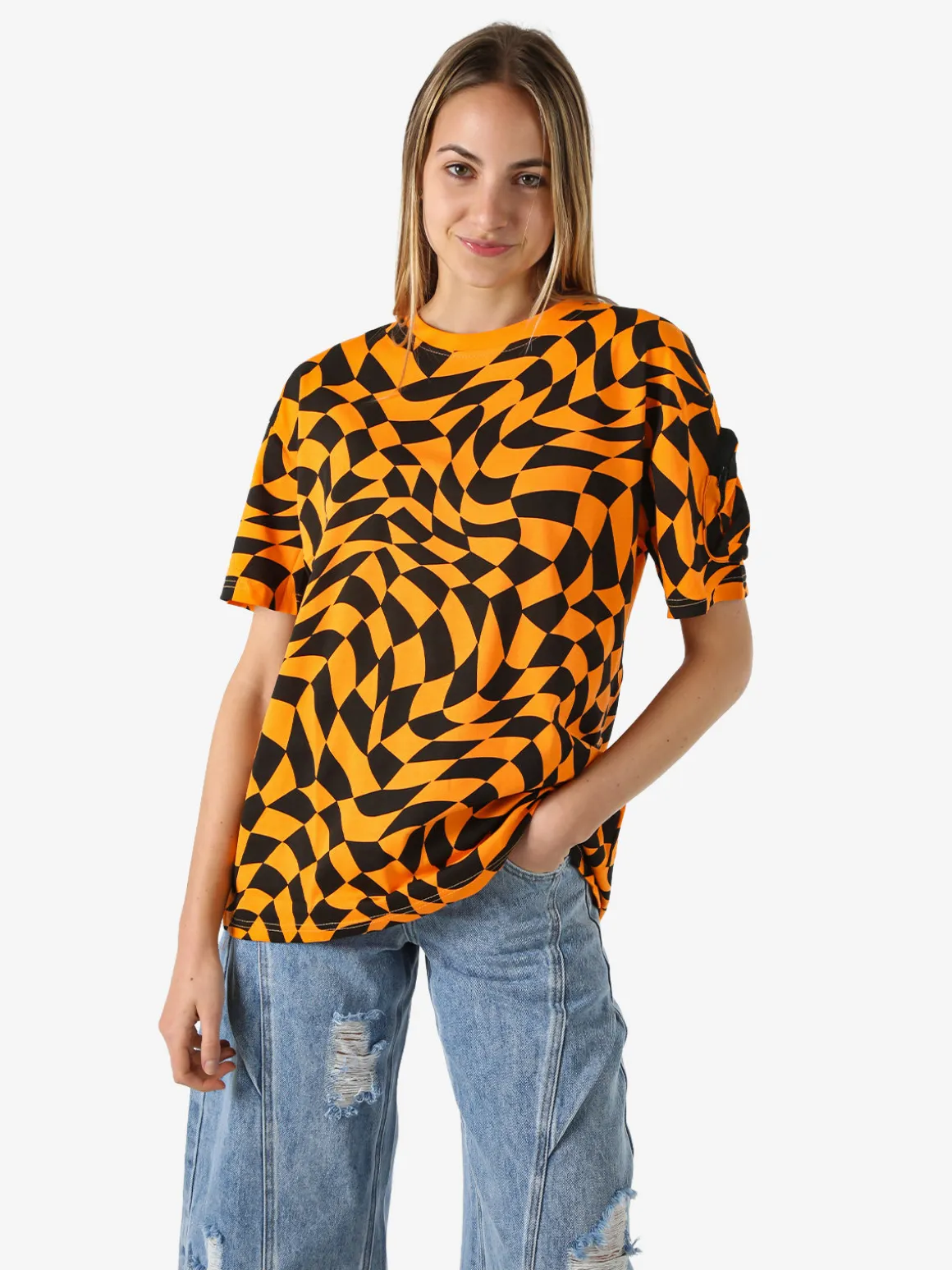 Solada T-shirt donna oversize con stampe geometriche bicolore e taschino sulla manica - arancione