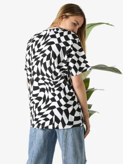 Solada T-shirt donna oversize con stampe geometriche bicolore e taschino sulla manica - bianco