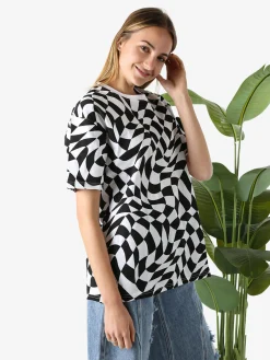 Solada T-shirt donna oversize con stampe geometriche bicolore e taschino sulla manica - bianco