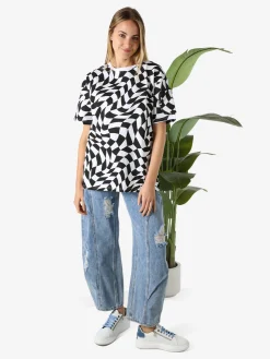 Solada T-shirt donna oversize con stampe geometriche bicolore e taschino sulla manica - bianco