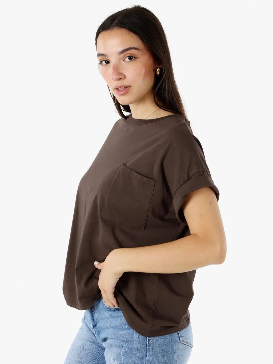 Solada T-shirt donna oversize in cotone con taschino - moro