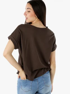 Solada T-shirt donna oversize in cotone con taschino - moro