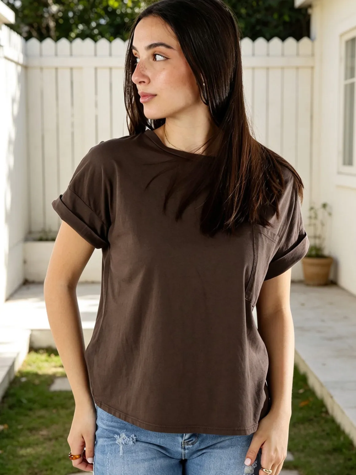Solada T-shirt donna oversize in cotone con taschino - moro