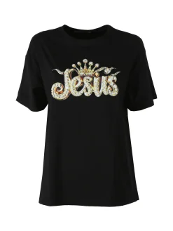 Solada T-shirt donna oversize in cotone con dettagli di perle e strass - nero