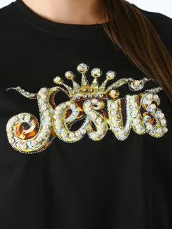 Solada T-shirt donna oversize in cotone con dettagli di perle e strass - nero